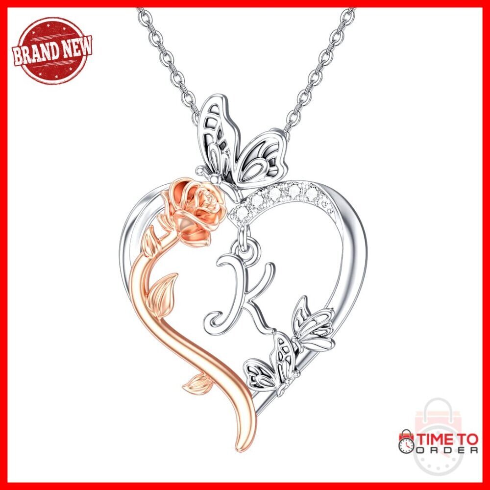 925 Sterling Silver Rose Heart Initial Necklace with Butterfly Pendant